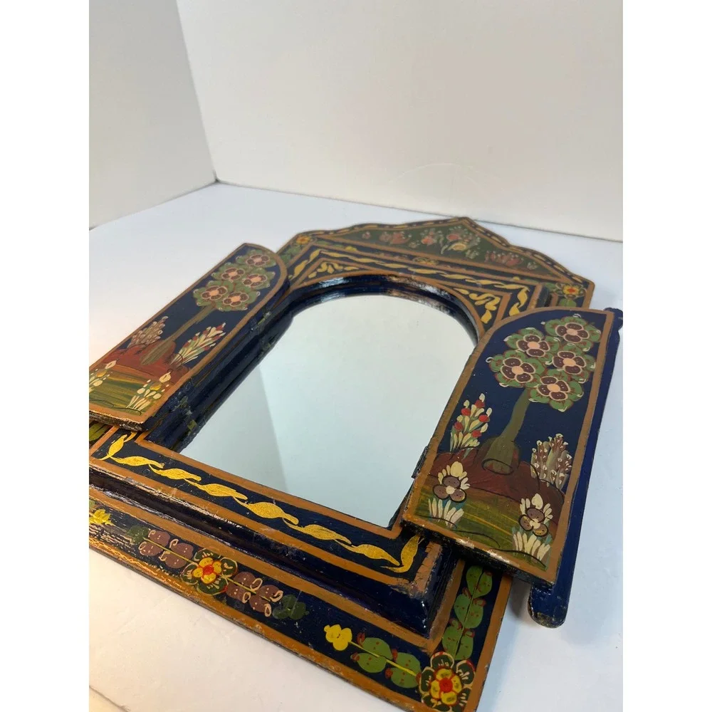 Vintage Hand Painted Wood Jharokha Mirror Folk Art Shutters Navy Blue Gold